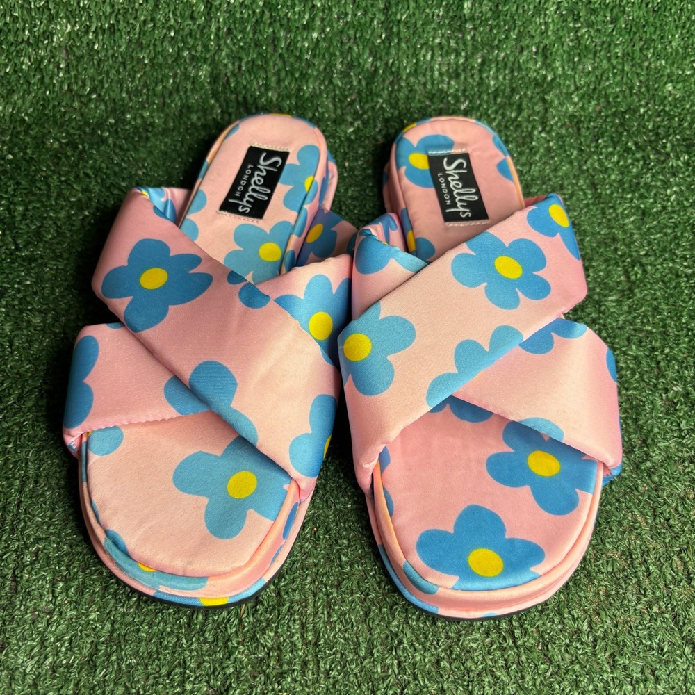 NEW Shellys London Floral Padded Crisscross Retro Platform Slide Pink Womens 7